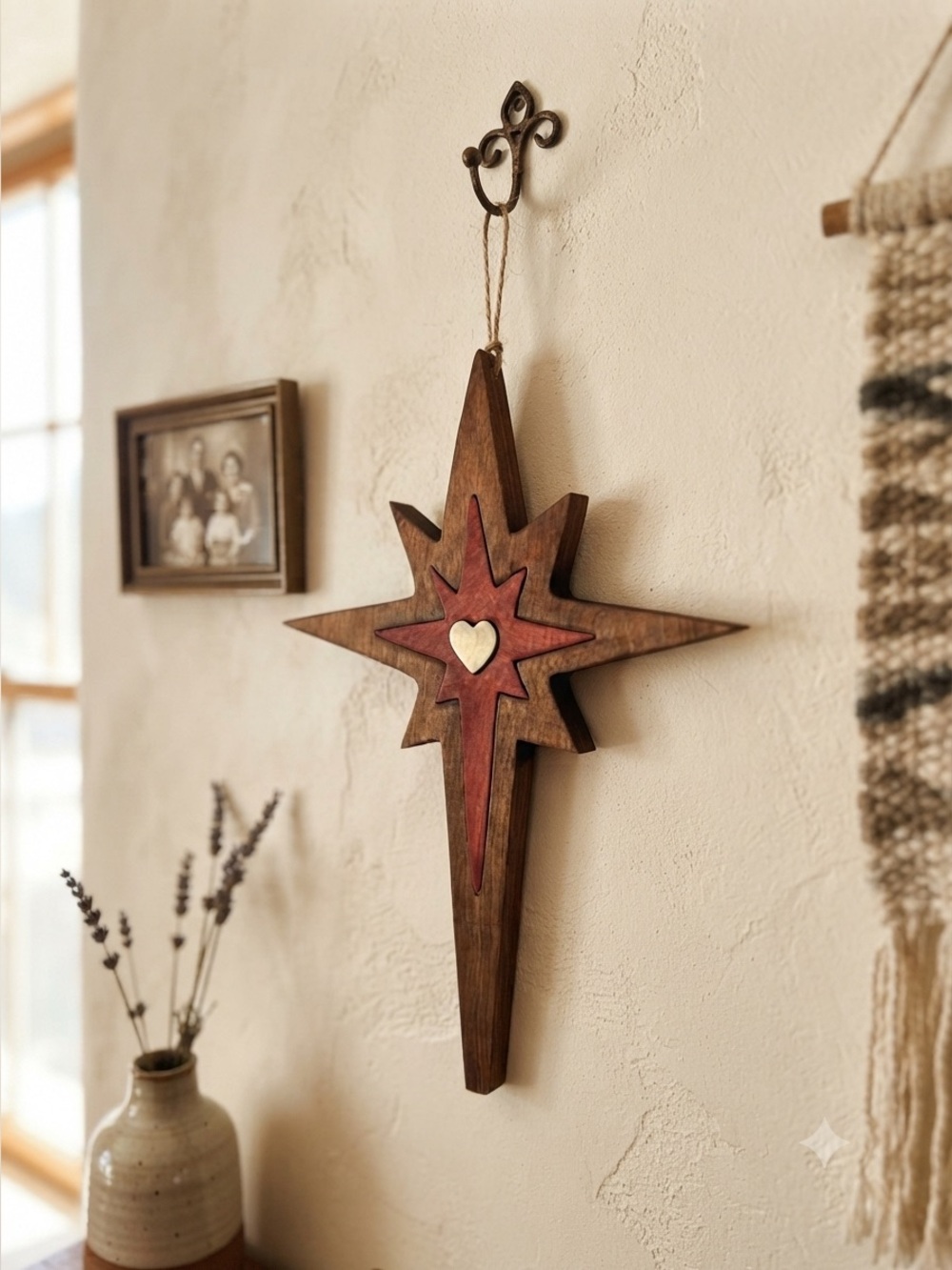Rustic Wooden Star Wall Accent with Red Center and Heart